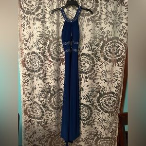 Blue open back sequence prom dress